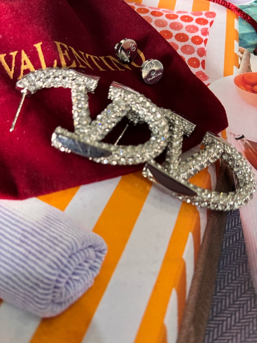 Valentino Crystal Logo Stud Earrings - Silver and Burgundy Accent - Picture 2 of 4